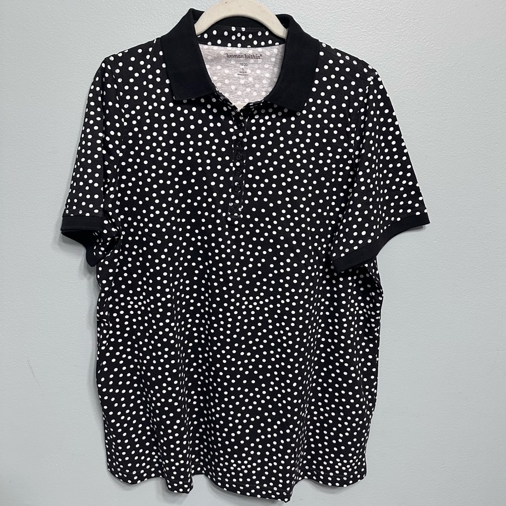 NWOT Woman Within Polo Shirt Black & White Polka Dots Size 18/20 Large